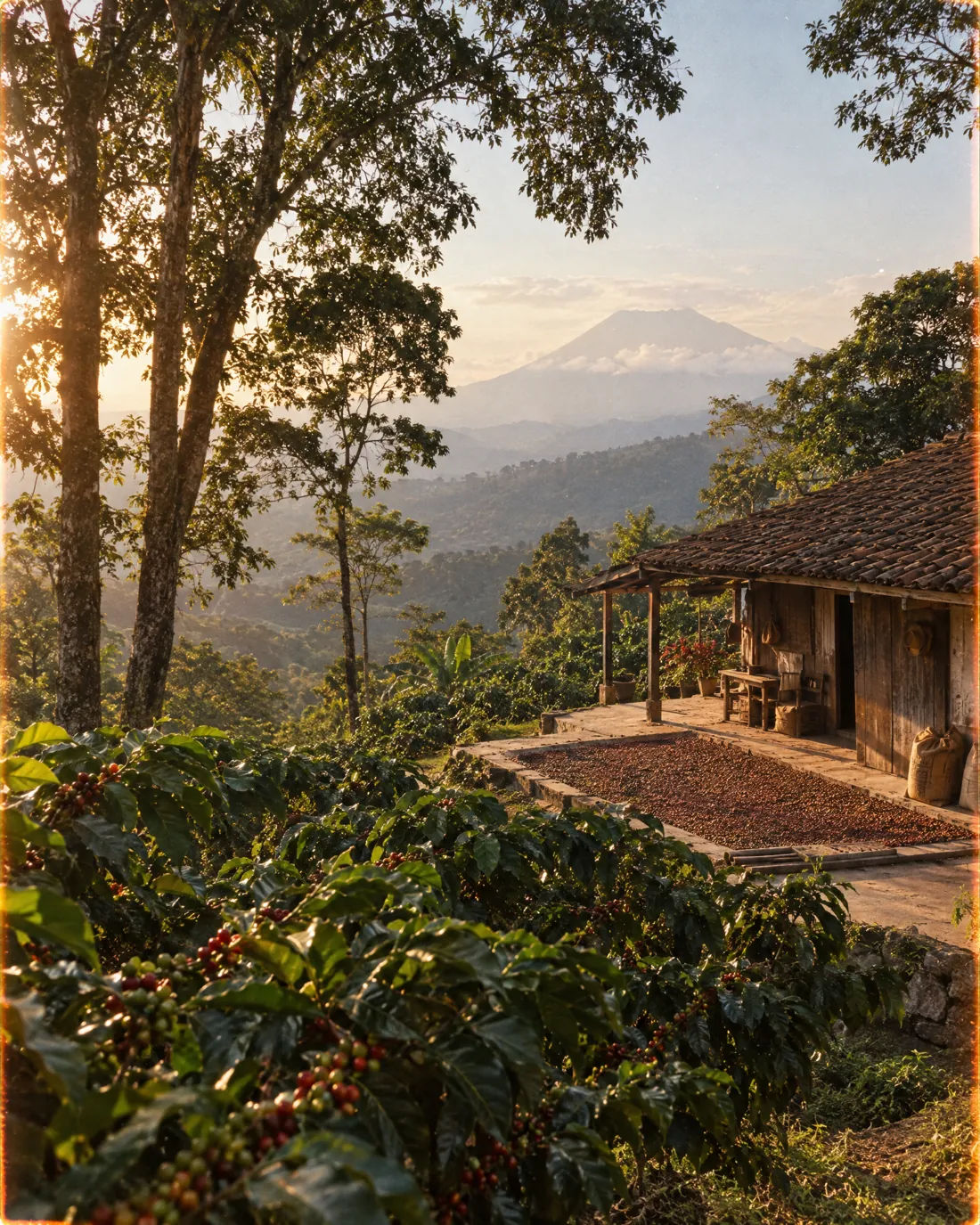 Shade-grown coffee and a drying patio below the volcanoes of Huehuetenango.